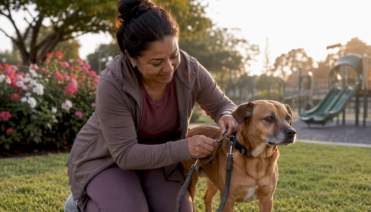 Woman adjusting dog leash outdoors