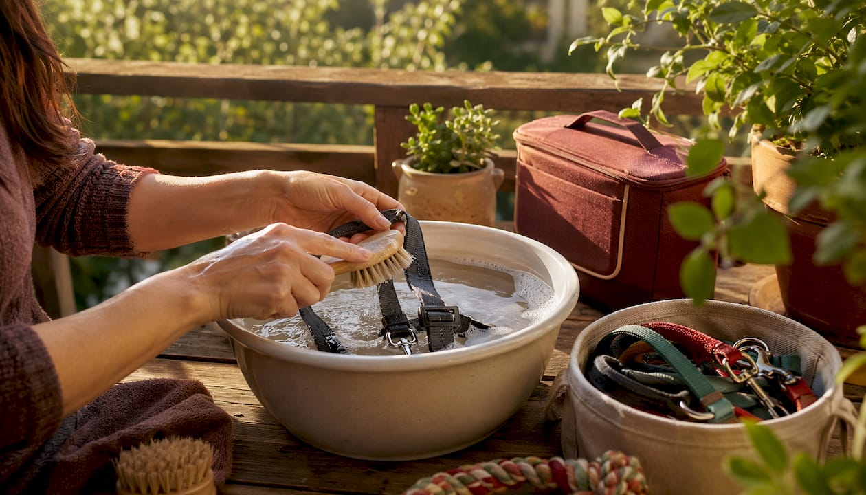 Hands washing dog leash with soapy water