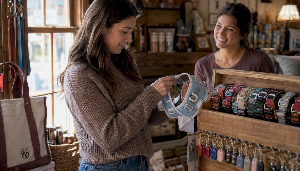 Woman choosing pet collar in store
