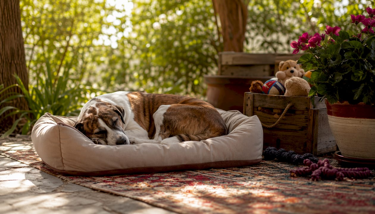 Dog resting comfortably on pet bed