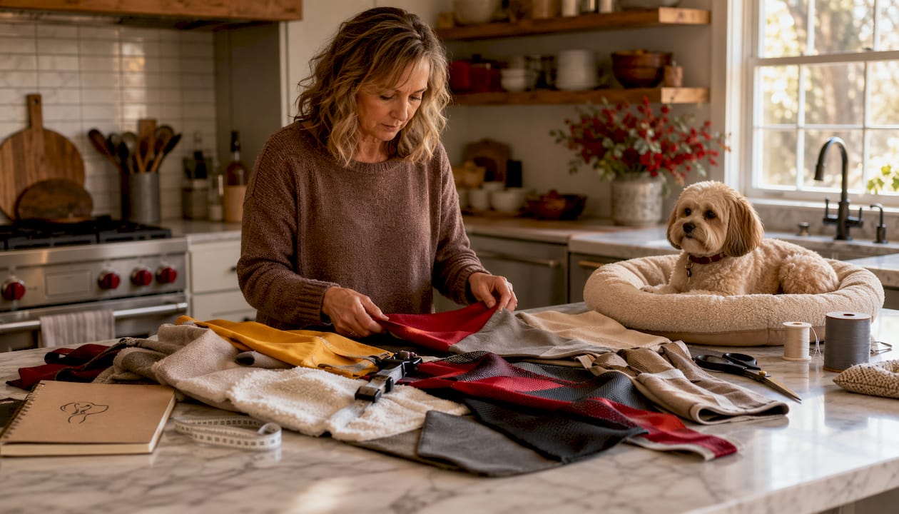 Person examining dog apparel fabric samples indoors