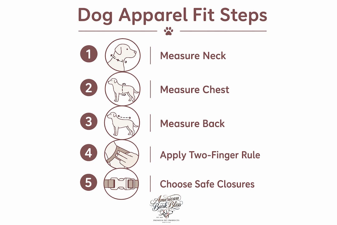 Infographic outlining dog apparel fitting steps