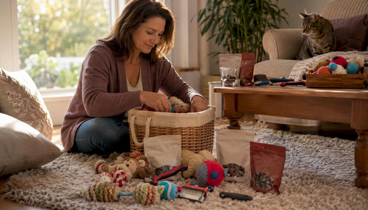 Woman inventorying pet supplies at home