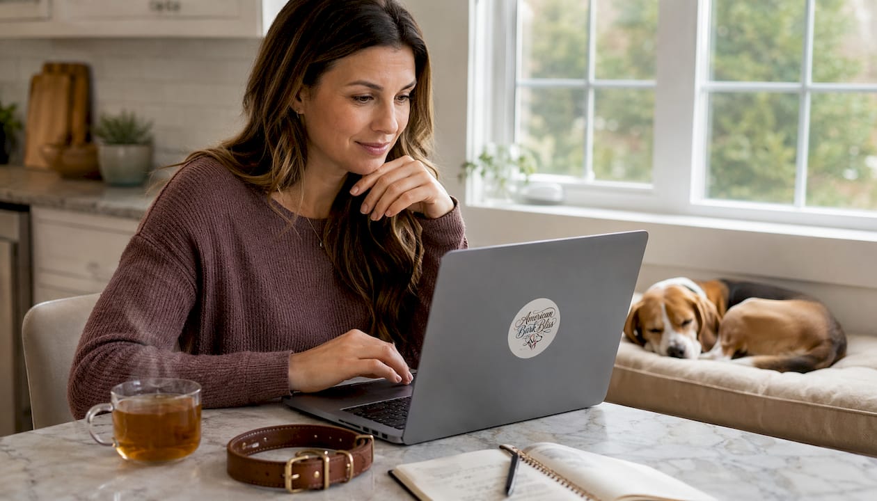Woman shopping stylish dog accessories online