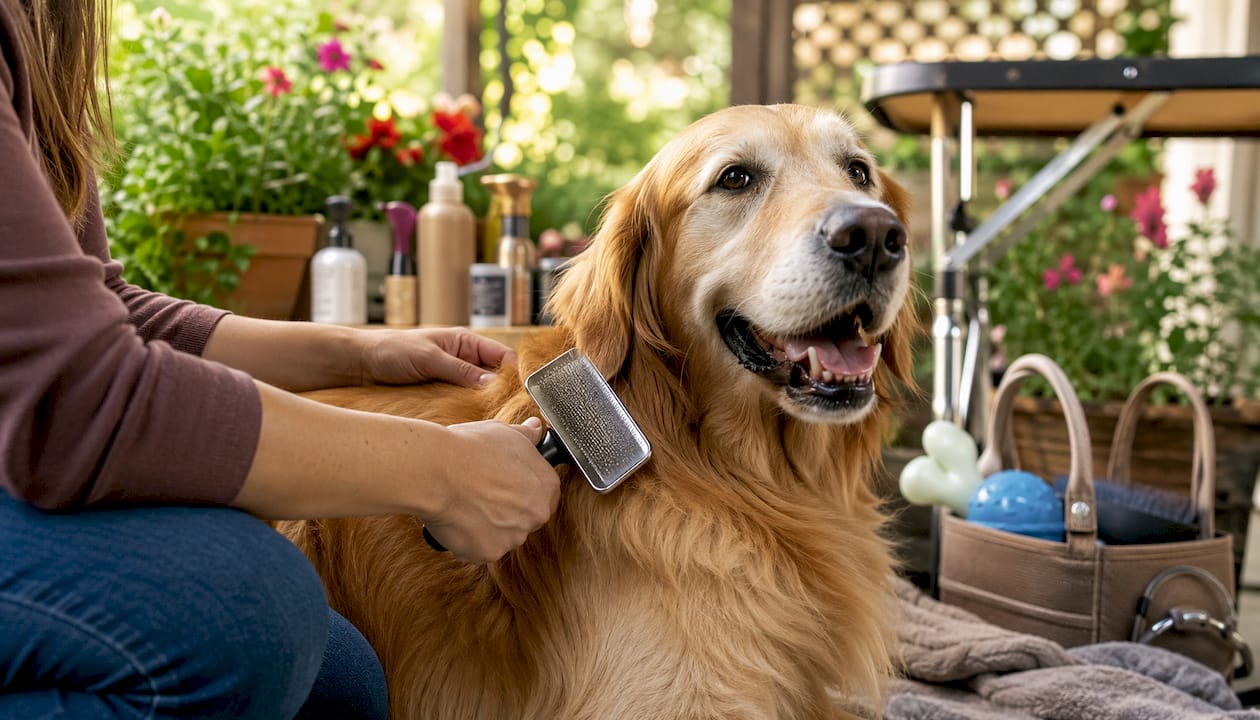 Hands brushing golden retriever outdoors