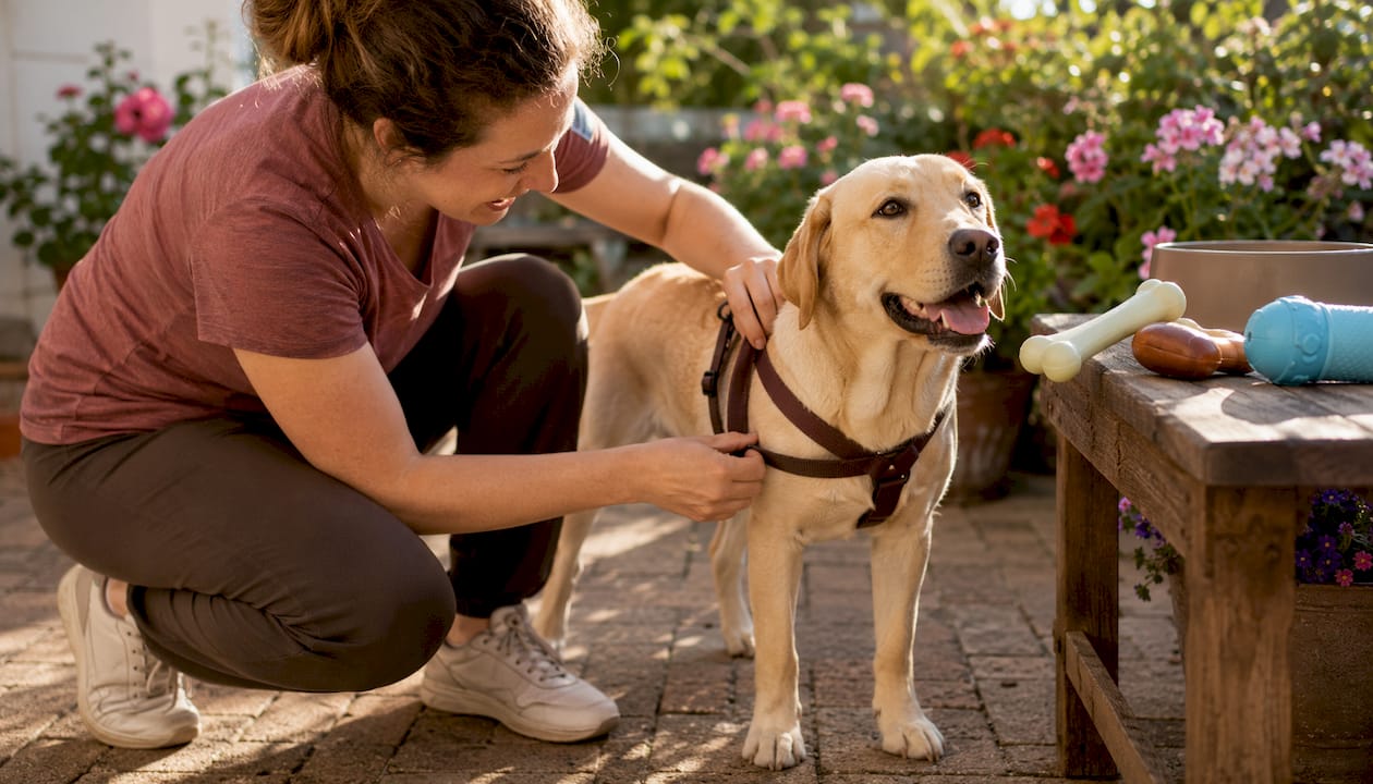 Woman fitting harness on dog indoors