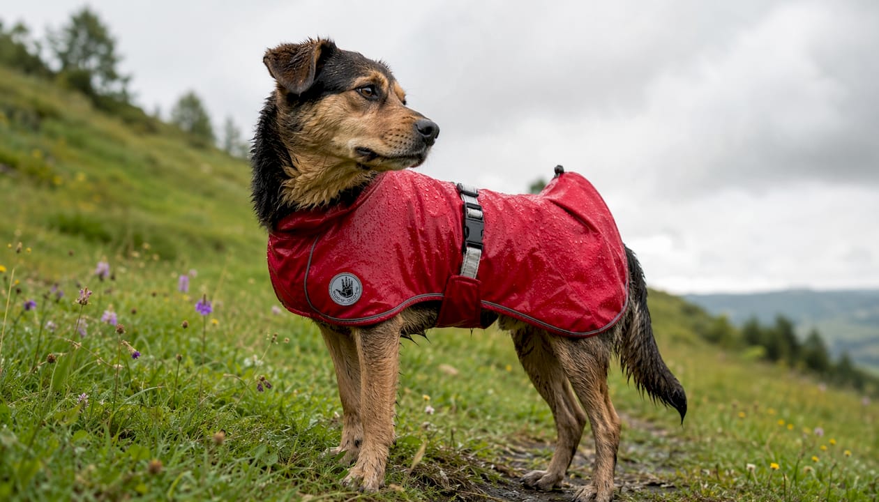 Dog in water-resistant coat on forest trail
