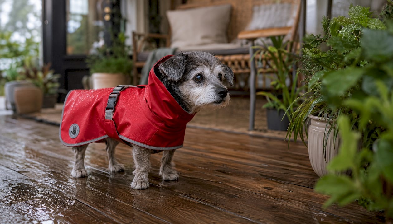 Senior small dog in red rain jacket outdoors