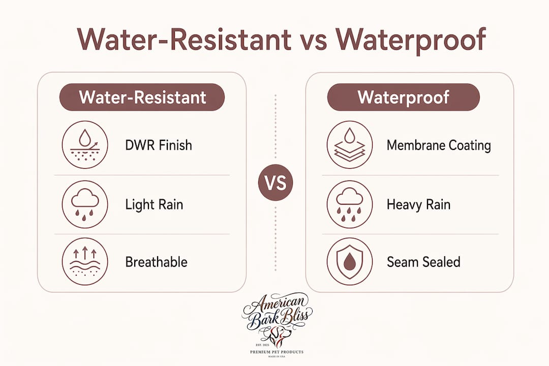 Infographic comparing water-resistant and waterproof dog coats