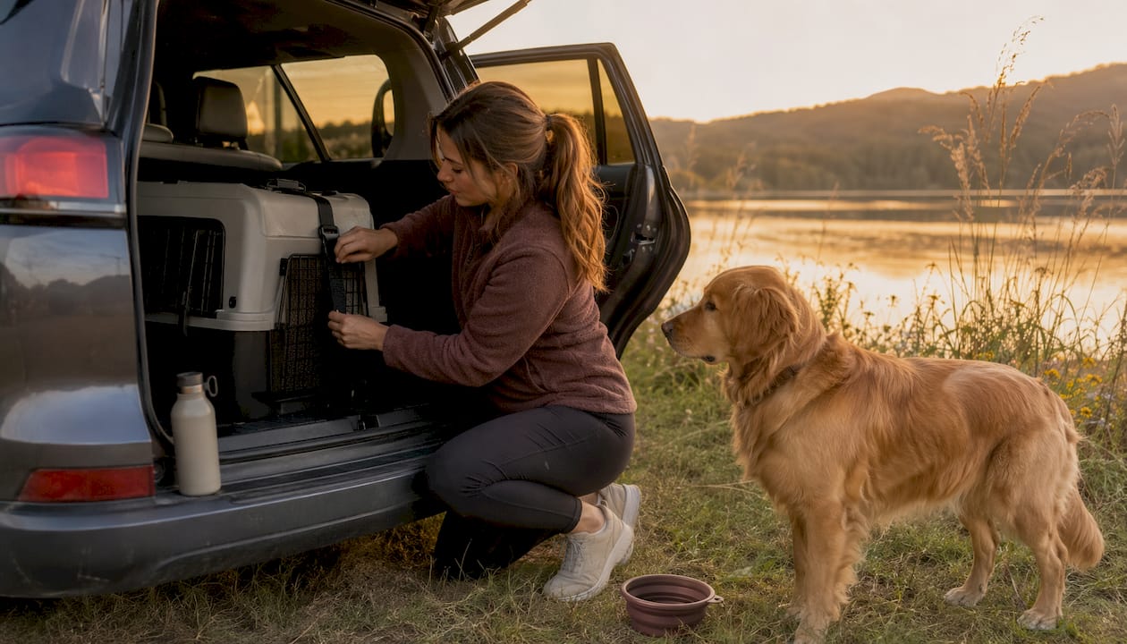 Woman securing dog carrier in SUV outdoors