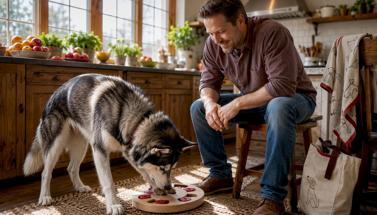 Man playing with dog using puzzle feeder indoors