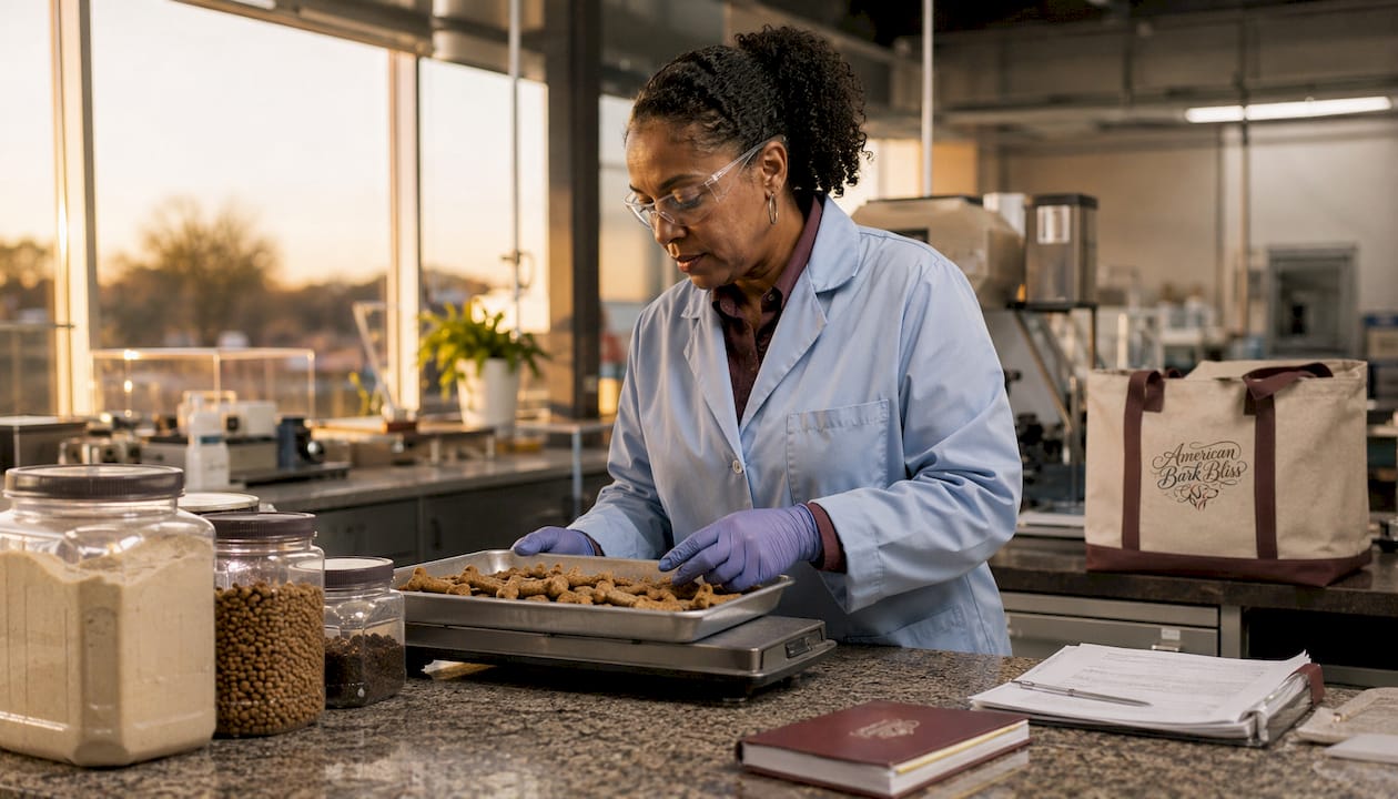 Technician inspecting dog treats in factory lab