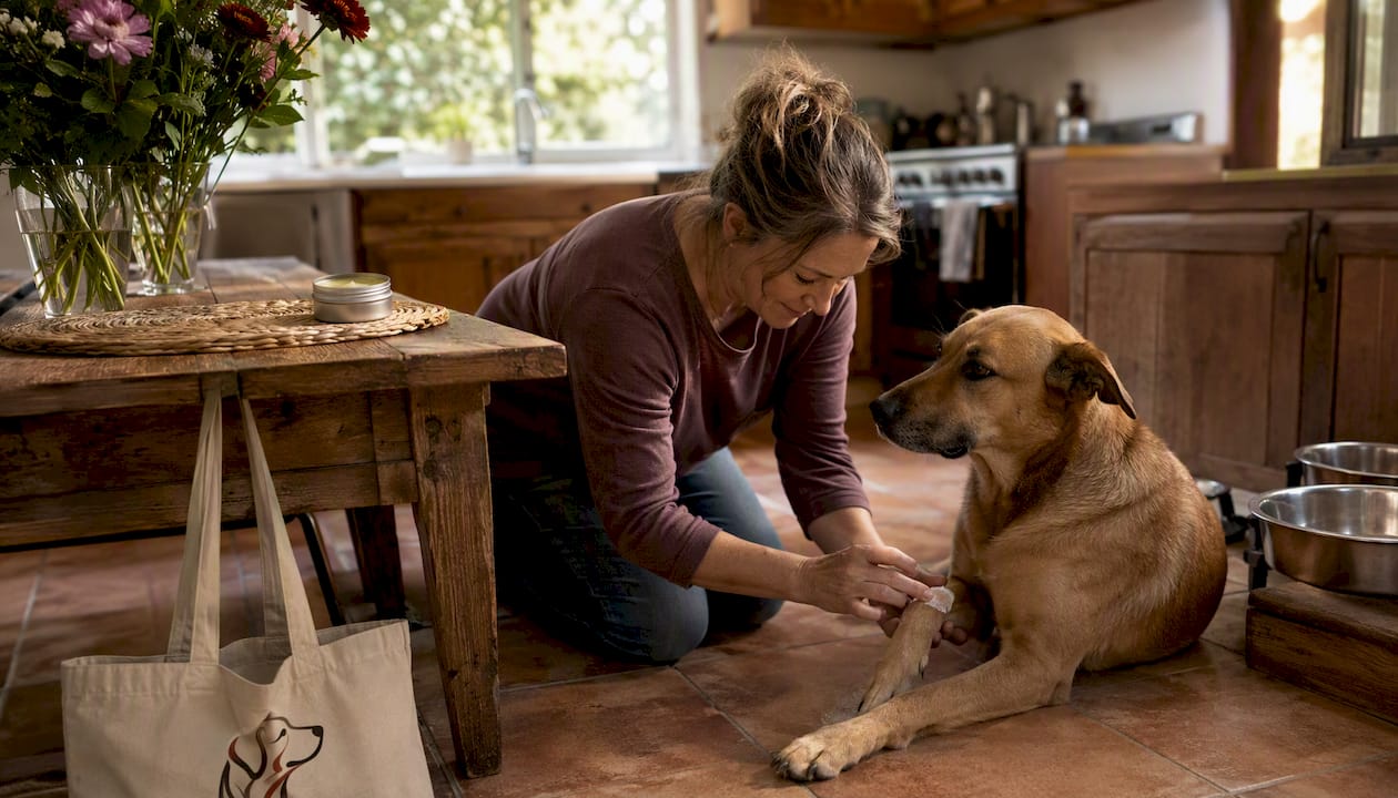 Woman applying elbow balm to dog indoors