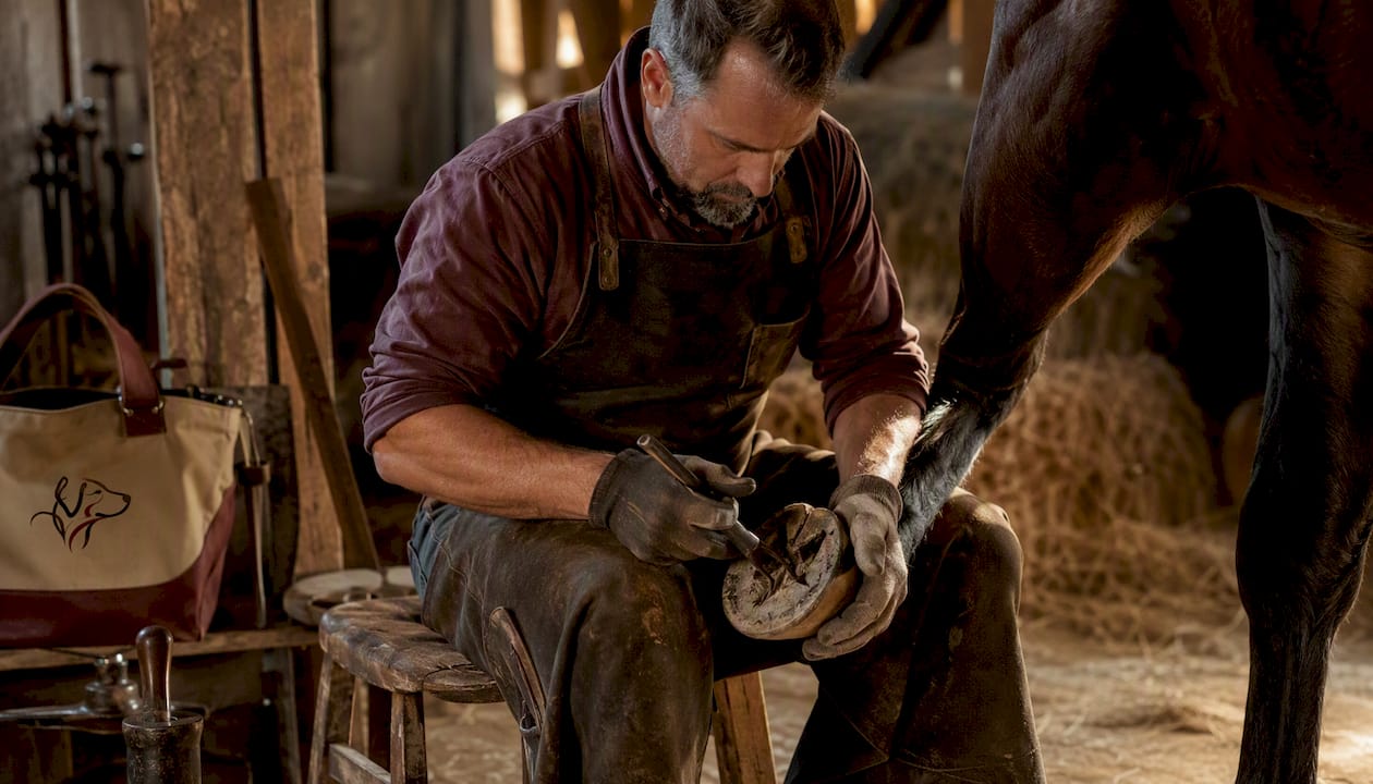 Farrier inspecting dry, cracked horse hoof outdoors