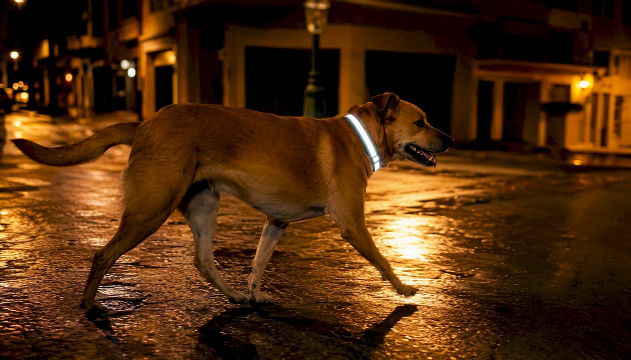 Dog walking at night with reflective collar visible