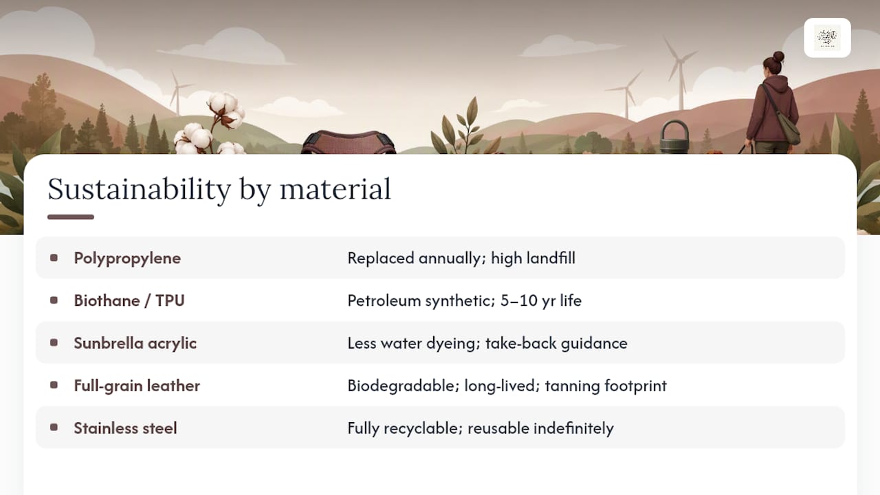 Environmental impact and sustainability of pet accessory materials — overview diagram