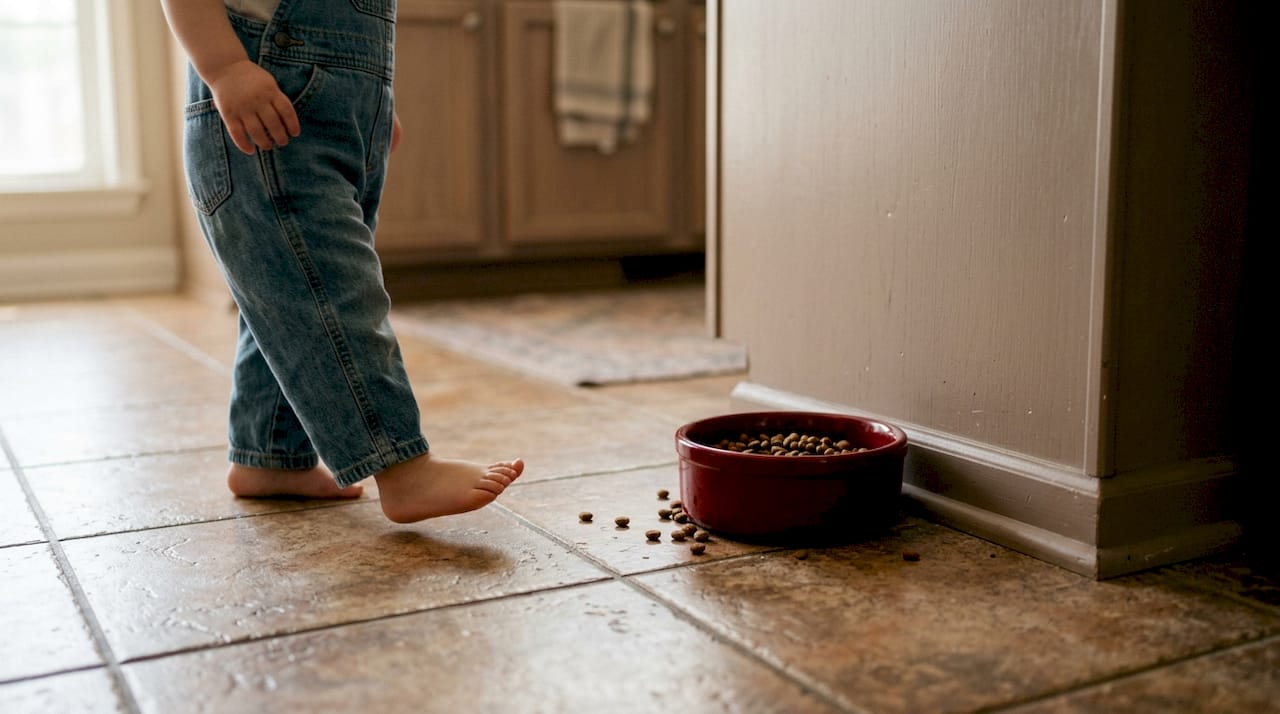 Dog bowl on kitchen floor near child's foot