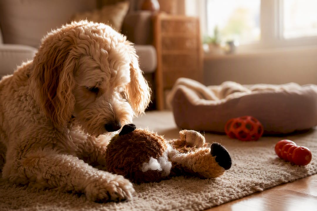 Dog inspecting worn toy indoors