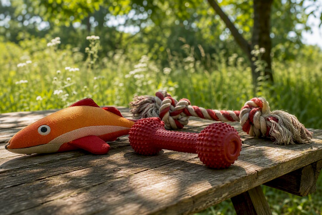 Varied dog toys on rustic table
