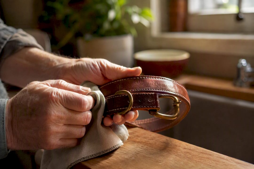 Wiping leather dog collar with cloth