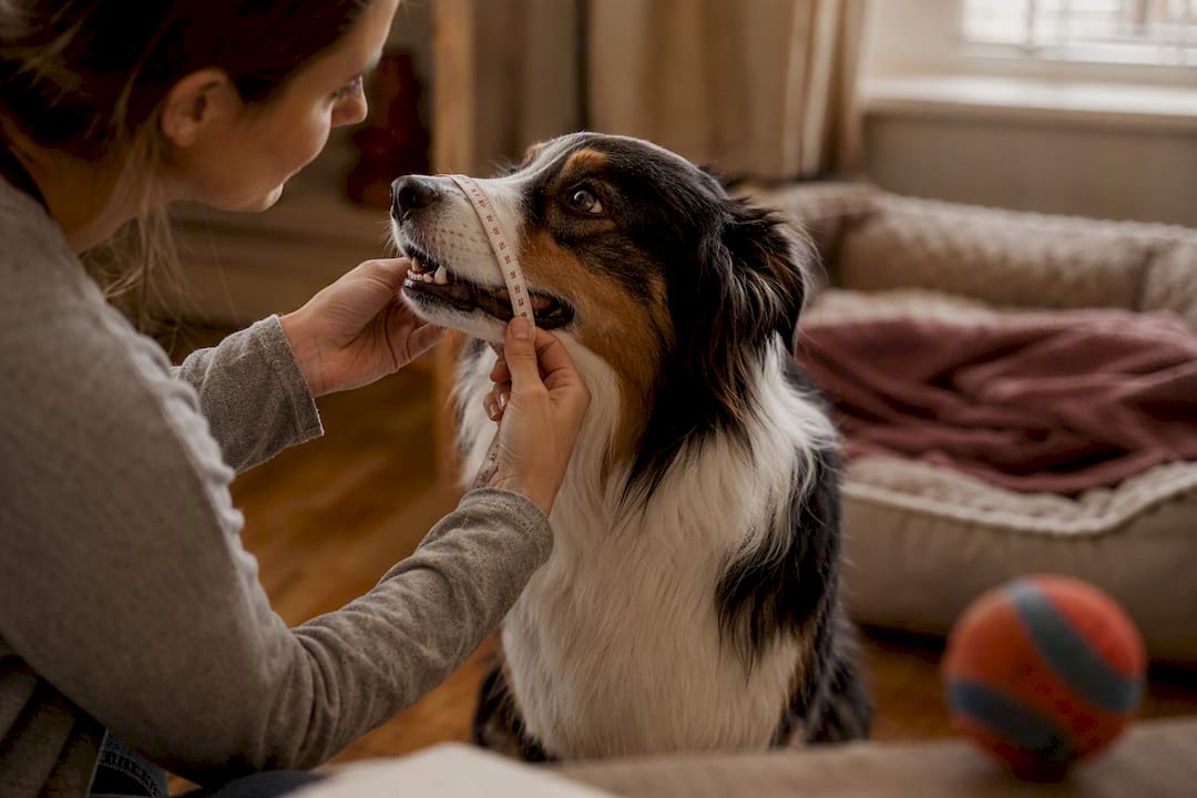 Dog owner measuring dog's mouth for ball fit