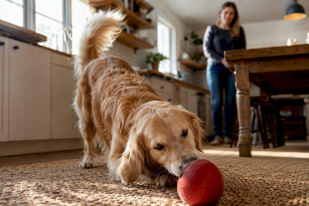 Dog cautiously playing with new sized ball under supervision