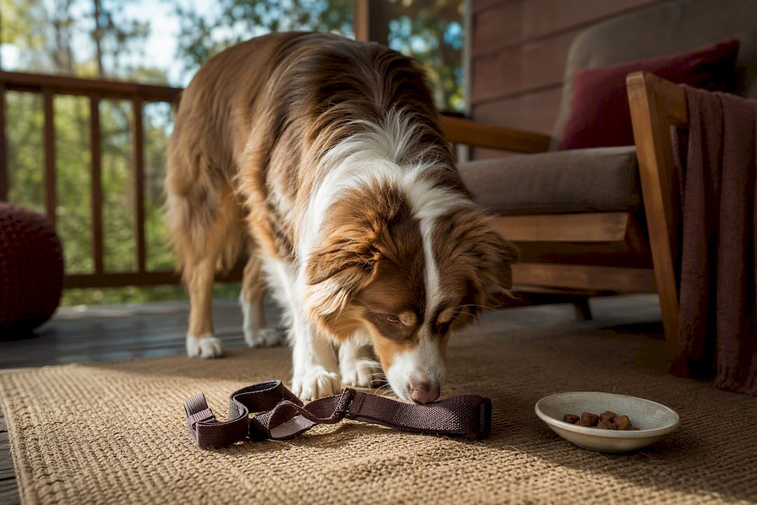 Dog calmly investigating harness straps