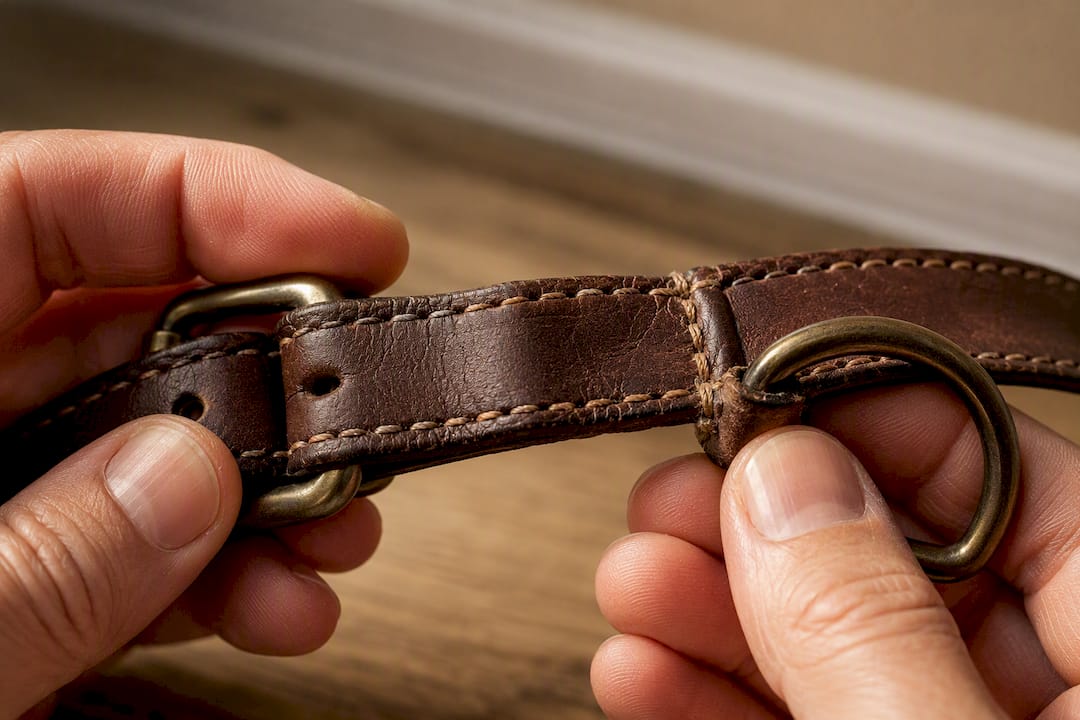 Hands checking collar stitching and hardware