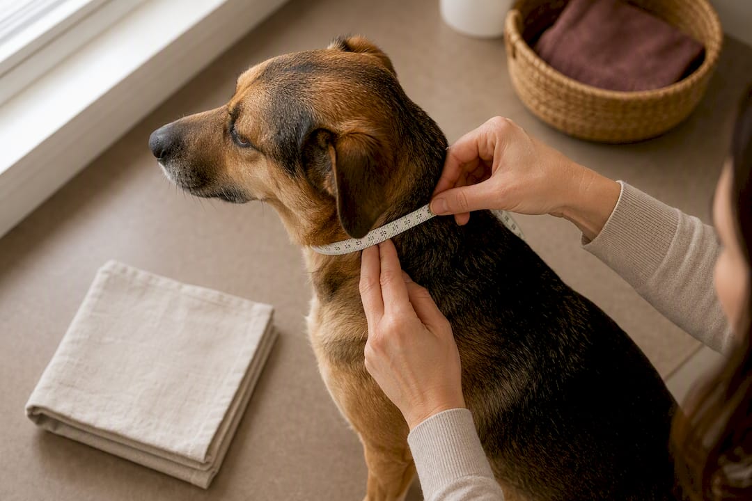 Person measuring a relaxed dog's neck