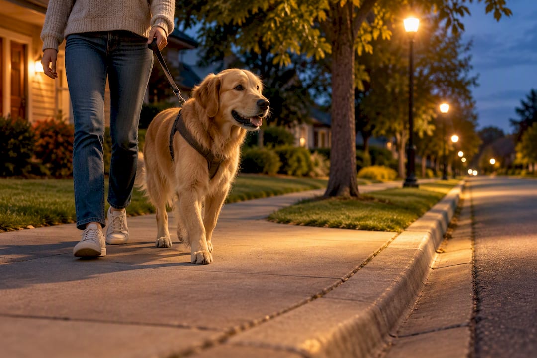 Dog and owner on lit sidewalk