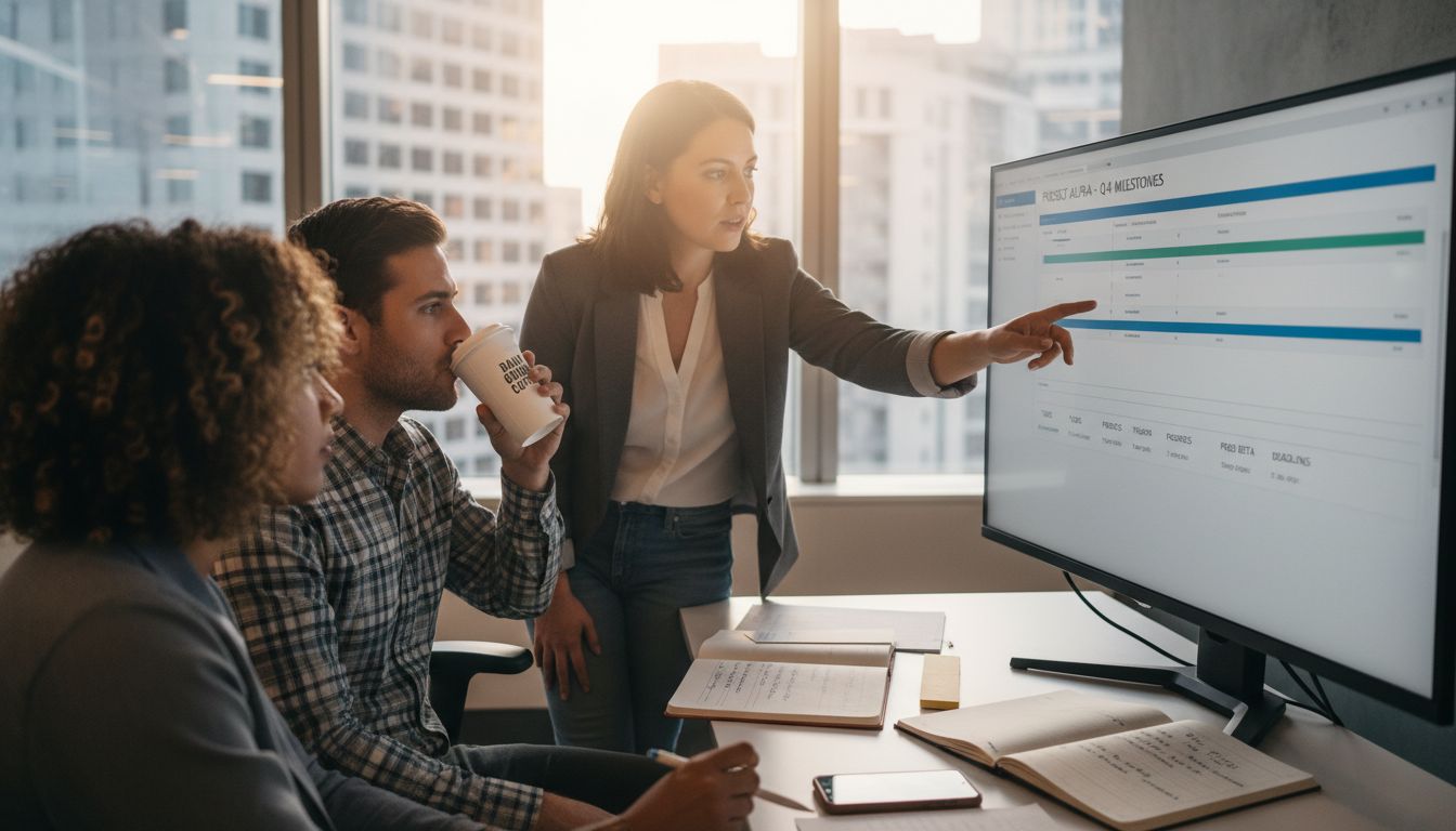 Team reviewing digital productivity dashboard