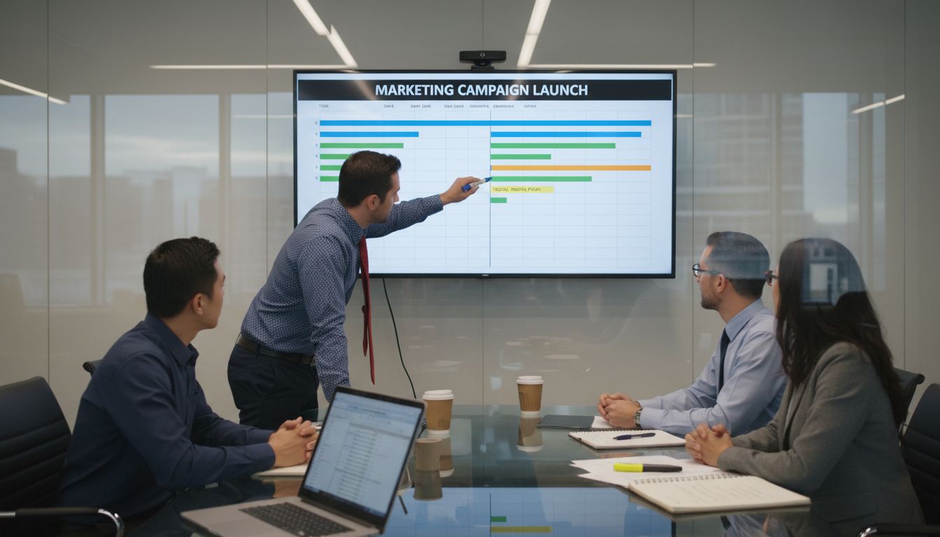 Team reviews project progress chart in meeting