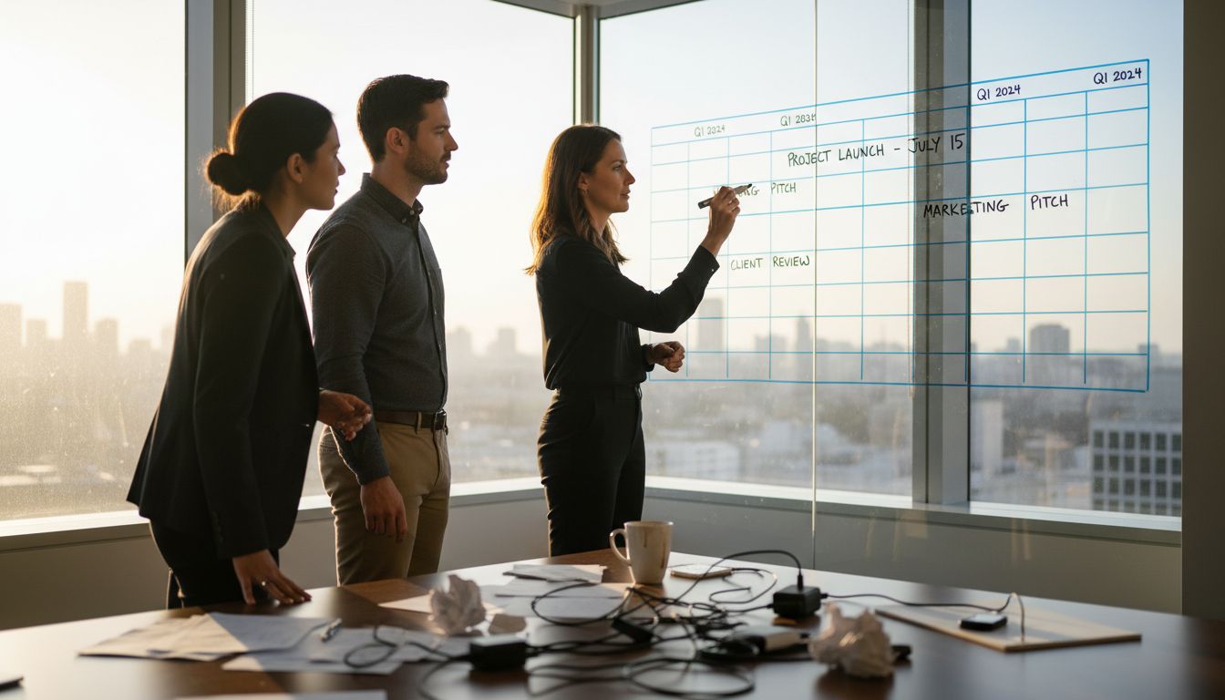 Team reviewing project timeline in office