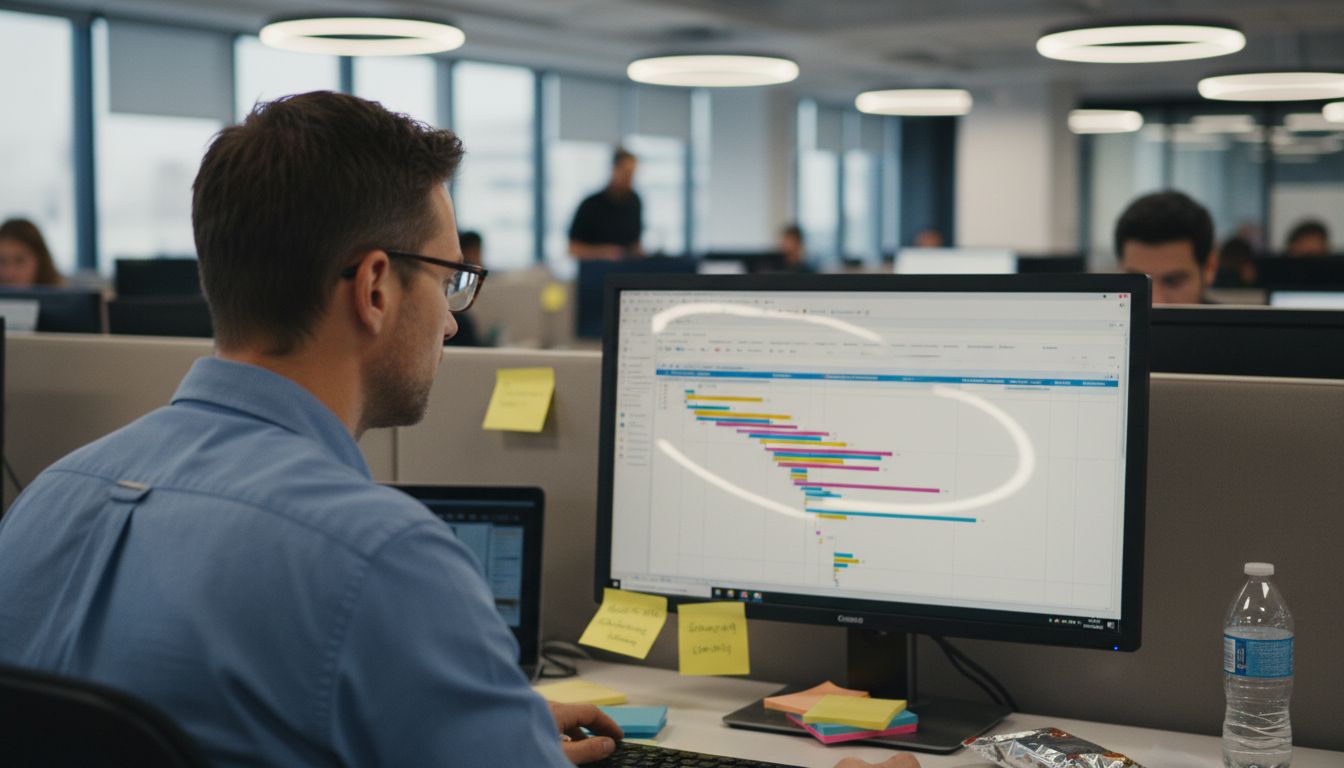 Manager viewing Gantt chart on computer