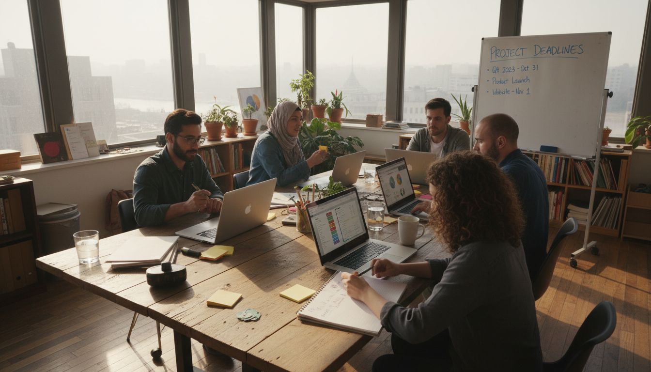Team using laptops to compare task management software