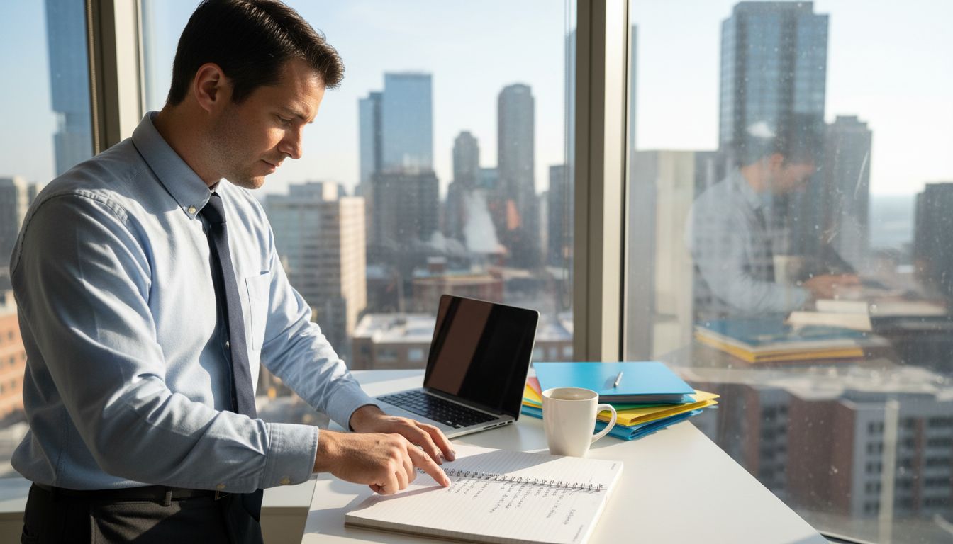 Man reviewing tasks in bright office