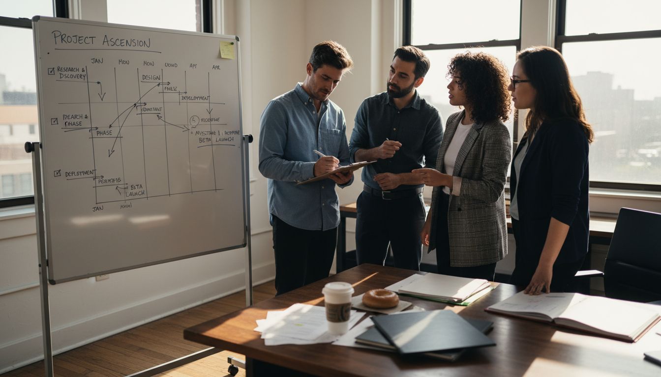 Team in office reviewing Gantt chart