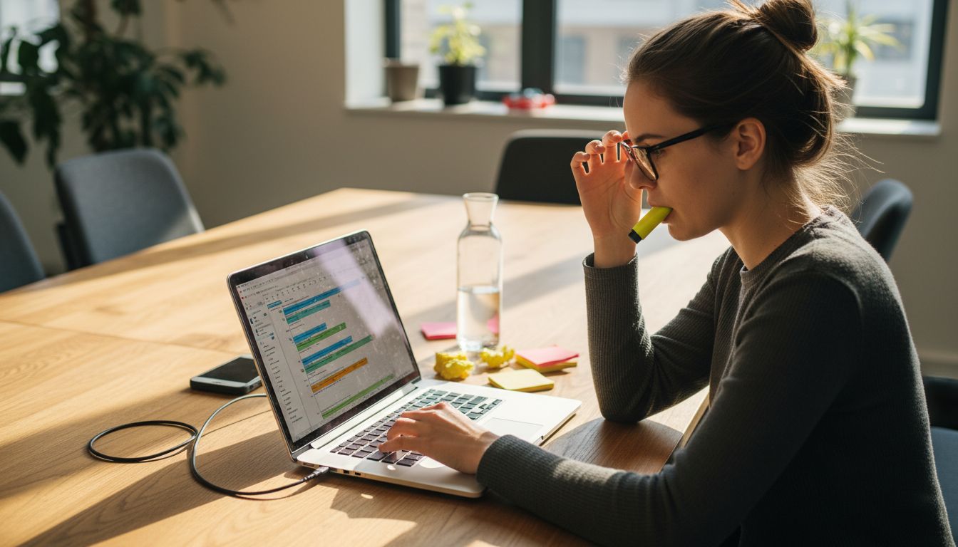 Manager updating project chart on laptop