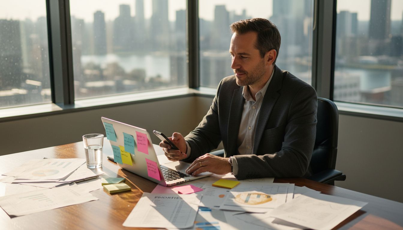 Busy office worker prioritizing daily tasks