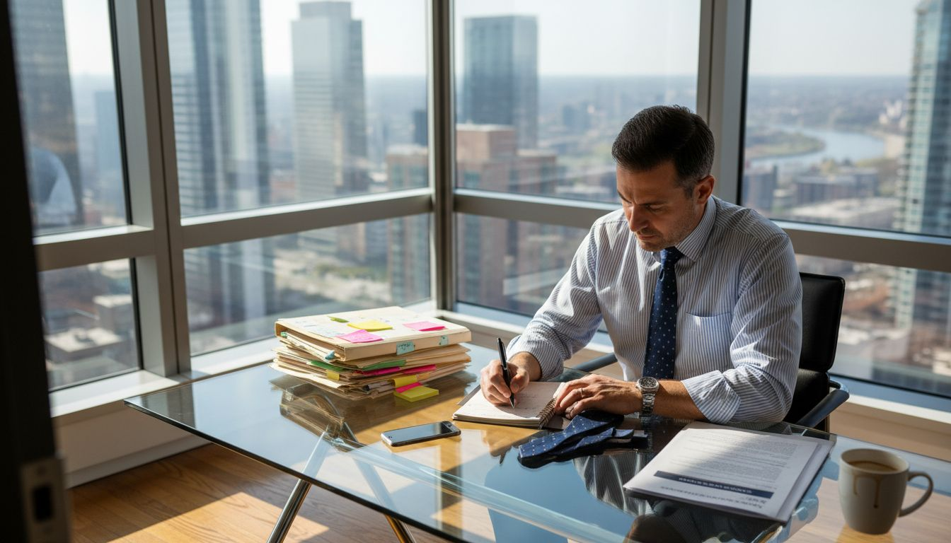 Manager reviewing tasks in corner office