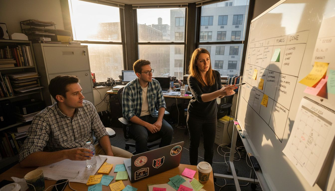Coworkers planning tasks on office whiteboard