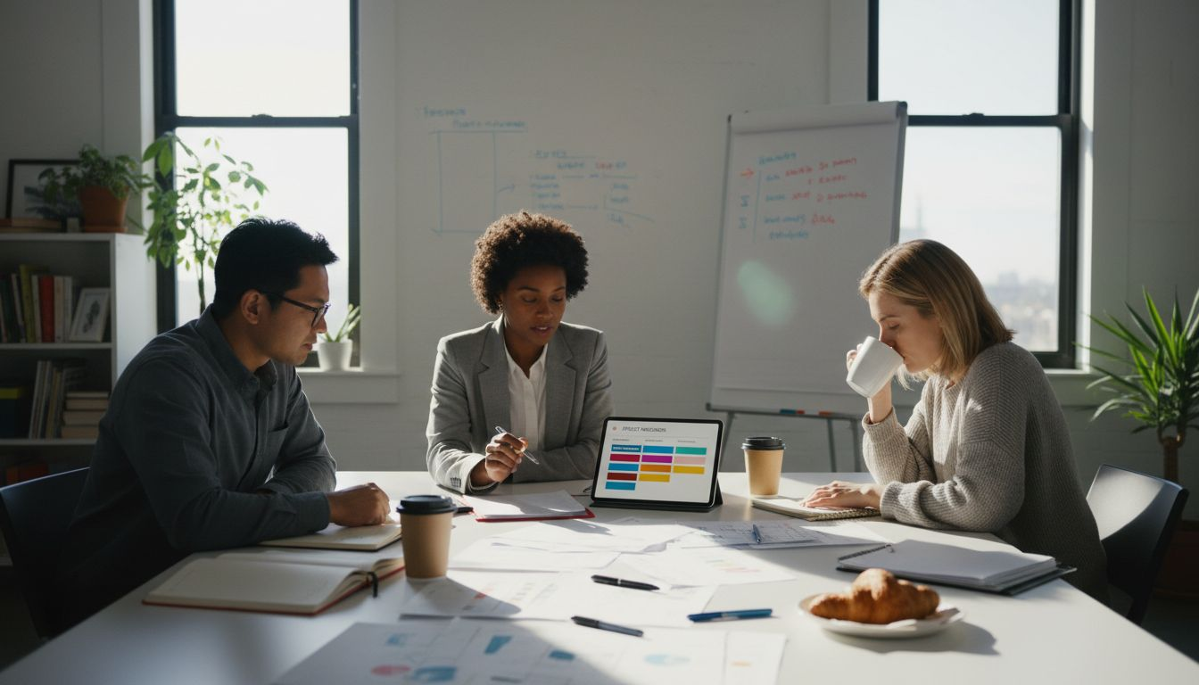 Team reviewing a task management checklist together