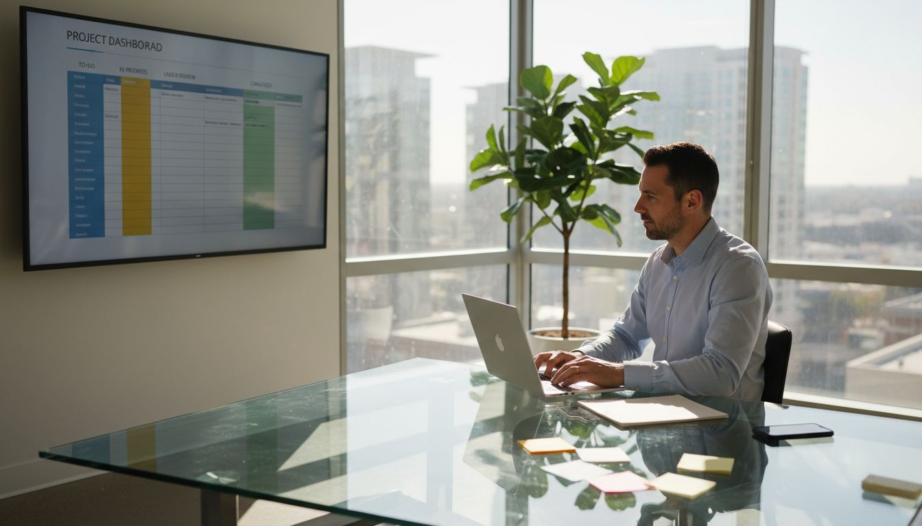 Professional working on digital task dashboard in corner office