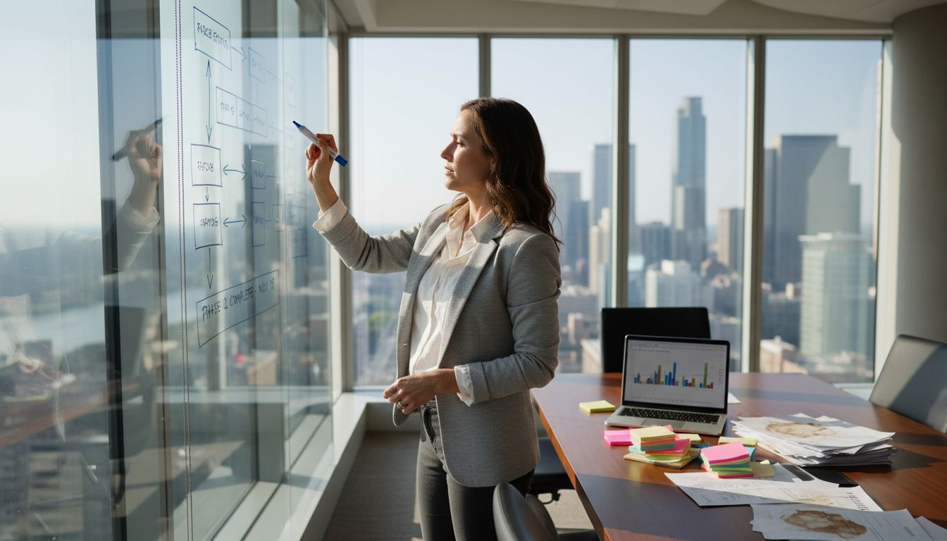 Project manager drawing timeline on whiteboard