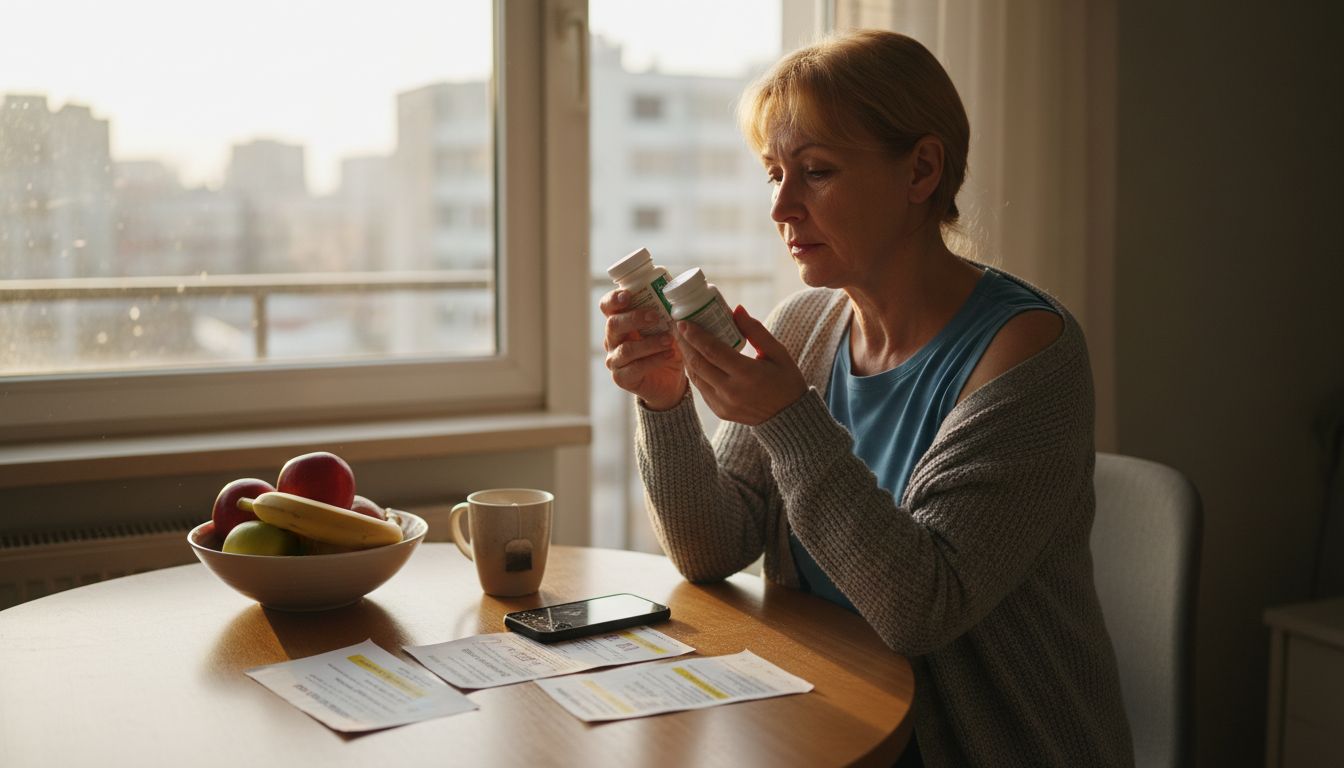 Възрастна жена седи на масата и внимателно разглежда опаковките на хранителни добавки.