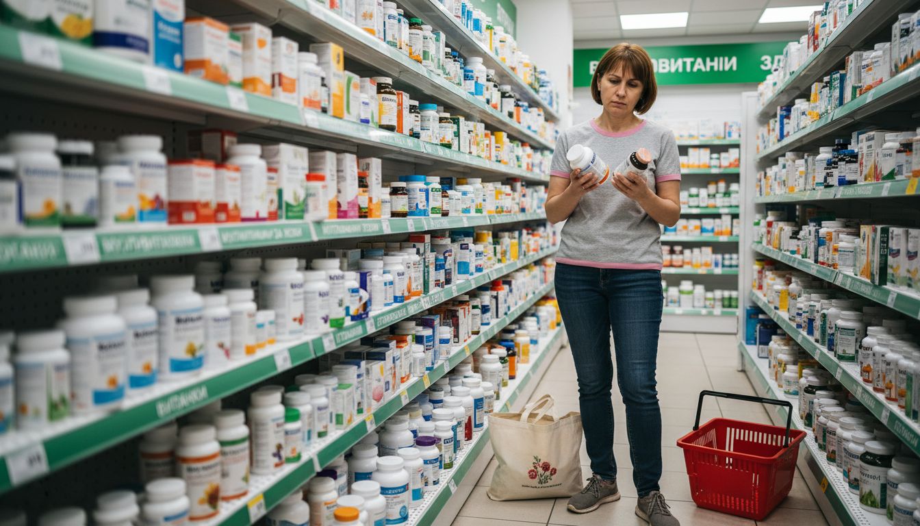 Жена разглежда внимателно различни опаковки с витамини в аптеката, сравнявайки ги една с друга, за да избере най-подходящата за себе си.