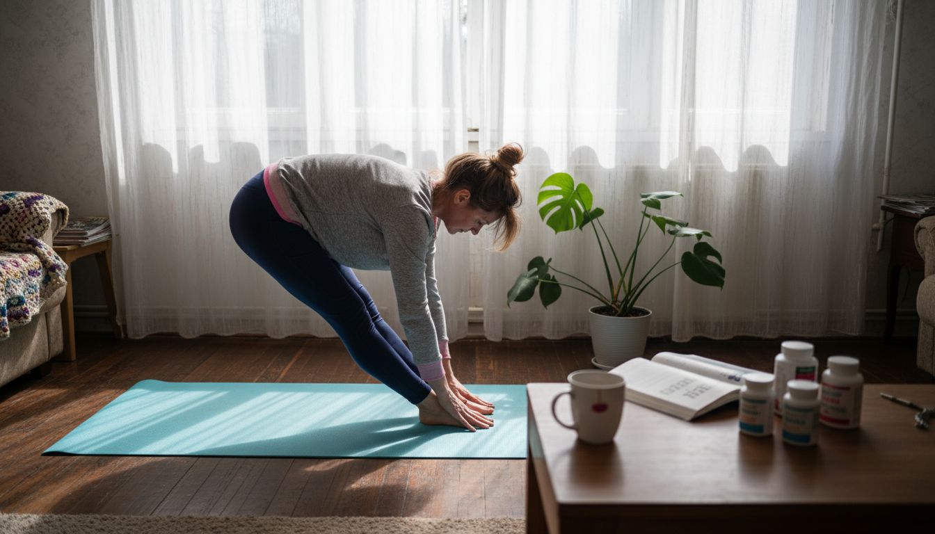 Жена прави разтягания у дома, а до нея са разположени хранителни добавки.
