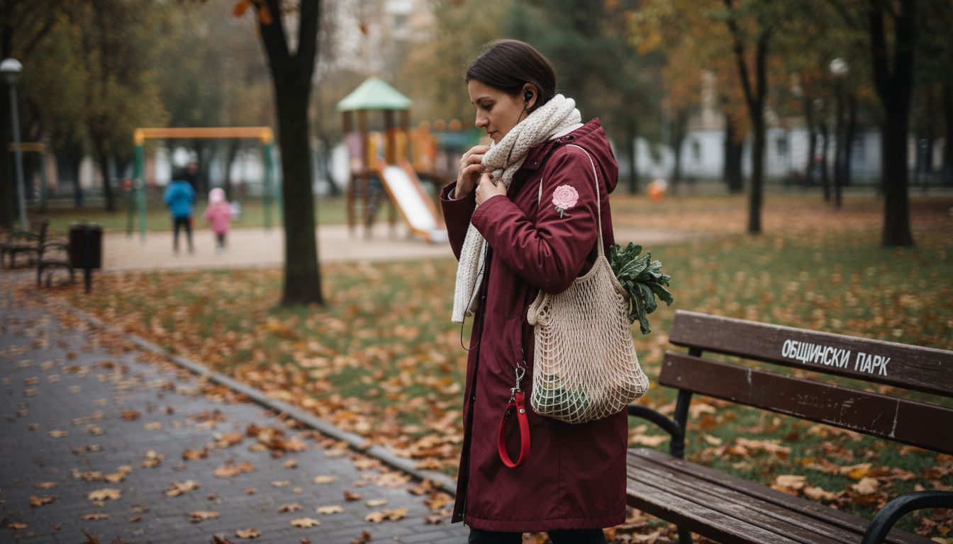 Жена спира за кратко в парка с чанта с покупки в ръка.
