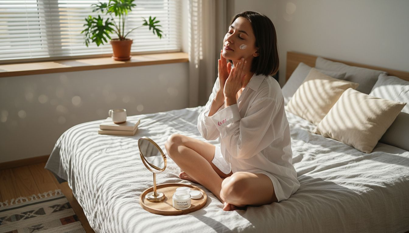 Млада жена се грижи за кожата си у дома, нанасяйки хидратиращ крем на лицето си.