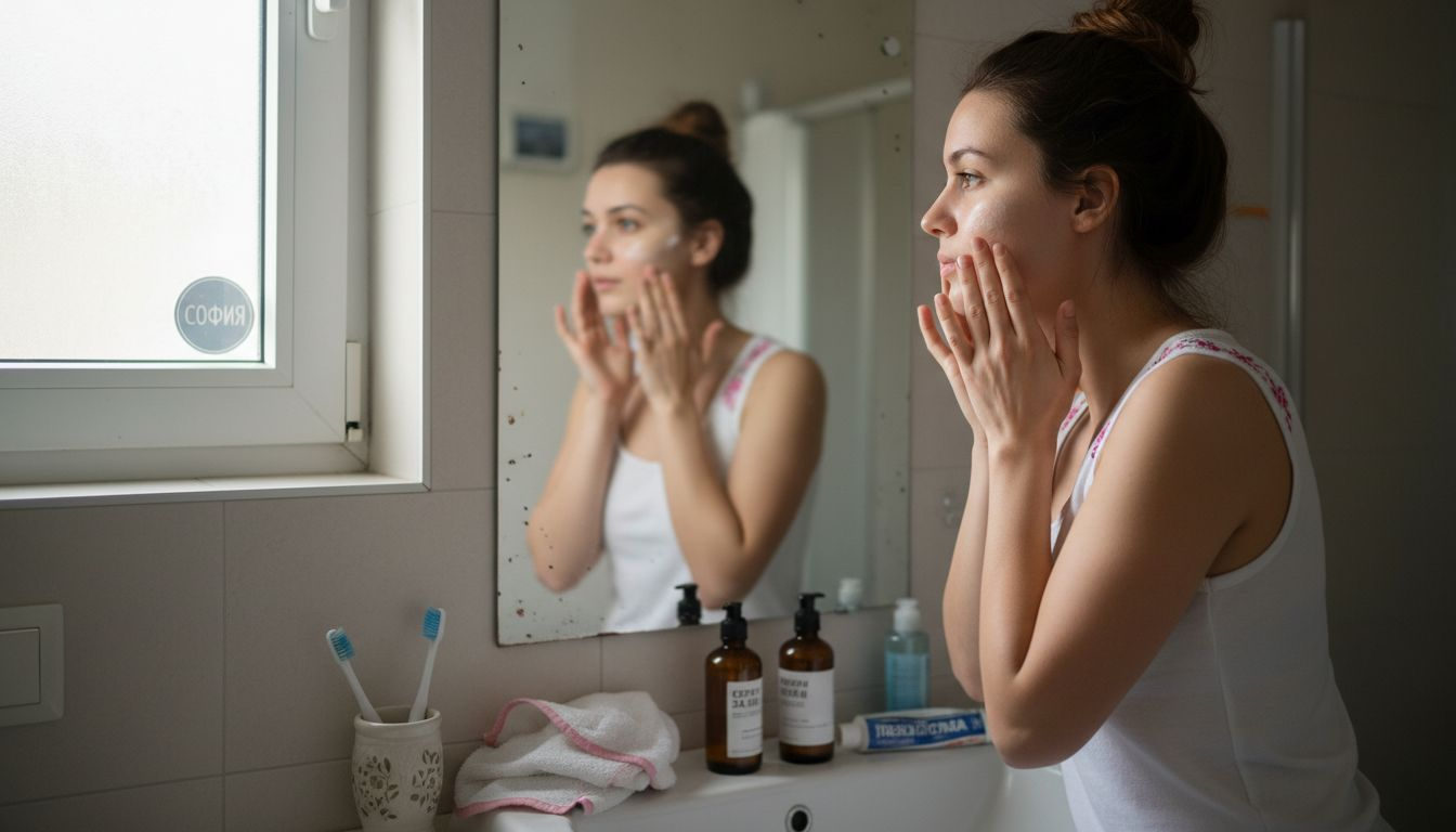 Жена нанася крем за лице пред огледалото в банята.